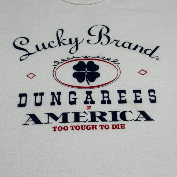 Vintage 90s Lucky Brand Dungarees Clover Graphic Baby Tee Shirt Made USA S - Picture 2 of 4